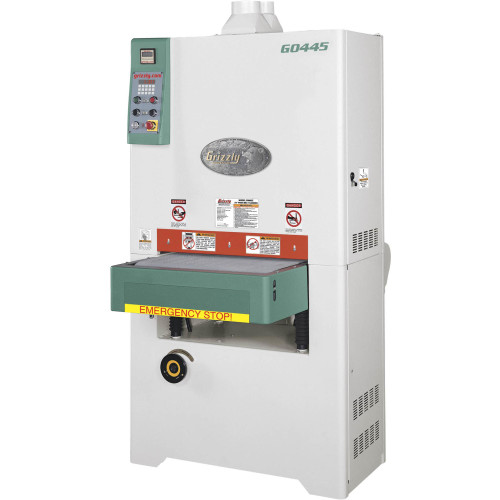 Front view of Grizzly Industrial 24" 10 HP 3-Phase Platen Type Wide-Belt Sander, Features of Grizzly Industrial 24" 10 HP 3-Phase Platen Type Wide-Belt Sander