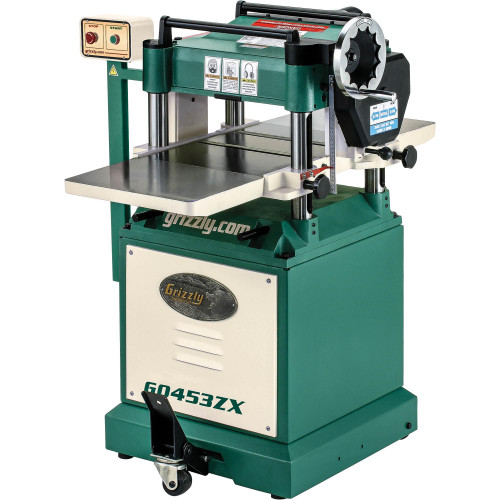 Front view of Grizzly Industrial Planer, Grizzly Industrial Planer Helical blades, Grizzly Industrial Planer stop and start buttons, Close-up of Grizzly Industrial planer infeed and outfeed adjustment controls, Close-up of Grizzly Industrial planer