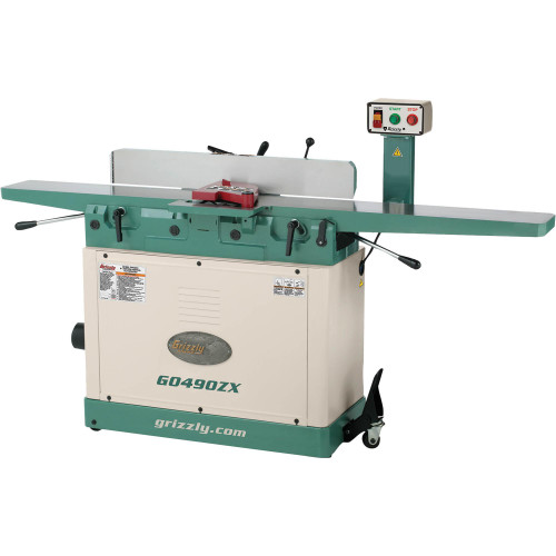 Overview of Grizzly Industrial Jointer, Grizzly Industrial Jointer infeed table adjustment, Grizzly Industrial Jointer being used, Grizzly Industrial Jointer being used