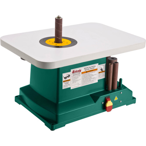 Grizzly Industrial 1/3 HP Oscillating Spindle Sander in white background, Front view of Grizzly Industrial 1/3 HP Oscillating Spindle Sander, Back view of Grizzly Industrial 1/3 HP Oscillating Spindle Sander, Grizzly Industrial 1/3 HP Oscillating Spindle Sander Accessories