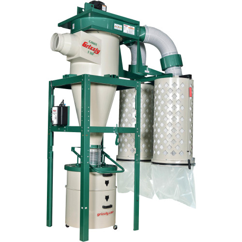 Overview of Grizzly Industrial 5 HP 3-Phase Cyclone Dust Collector, Front view of Grizzly Industrial 5 HP 3-Phase Cyclone Dust Collector, Close up view of Grizzly Industrial 5 HP 3-Phase Cyclone Dust Collector