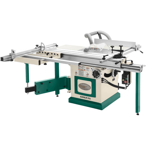 Grizzly Industrial 10" 5 HP Sliding Table Saw in white abckground, Features of Grizzly Industrial 10" 5 HP Sliding Table Saw, Detailed view of Grizzly Industrial 10" 5 HP Sliding Table Saw, Blade of Grizzly Industrial 10" 5 HP Sliding Table Saw