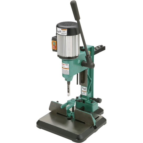 Front view of Grizzly Industrial 1/2 HP Benchtop Mortising Machine, Side view of Grizzly Industrial 1/2 HP Benchtop Mortising Machine, Features of Grizzly Industrial 1/2 HP Benchtop Mortising Machine, Close up view of Grizzly Industrial 1/2 HP Benchtop Mortising Machine