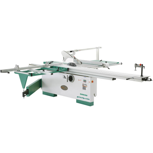 Grizzly Industrial 12" 7-1/2 HP 3-Phase Sliding Table Saw in white background, Details of Grizzly Industrial 12" 7-1/2 HP 3-Phase Sliding Table Saw, Detailed view of Grizzly Industrial 12" 7-1/2 HP 3-Phase Sliding Table Saw, Control panel of Grizzly Industrial 12" 7-1/2 HP 3-Phase Sliding Table Saw, Close-up of Grizzly Industrial 12" 7-1/2 HP 3-Phase Sliding Table Saw