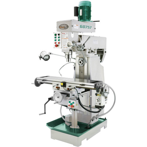 Grizzly Industrial 9" x 39" 2 HP Horizontal/Vertical Mill in White Background, Side view of Grizzly Industrial 9" x 39" 2 HP Horizontal/Vertical Mill, Detailed view of Grizzly Industrial 9" x 39" 2 HP Horizontal/Vertical Mill, Close up view of Grizzly Industrial 9" x 39" 2 HP Horizontal/Vertical Mill, Front view of Grizzly Industrial 9" x 39" 2 HP Horizontal/Vertical Mill