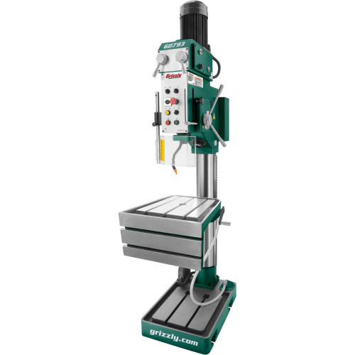 Grizzly Industrial 27-1/2" Heavy-Duty Gearhead Drill Press, Tapping & L-Table in white background, Features of Grizzly Industrial 27-1/2" Heavy-Duty Gearhead Drill Press, Tapping & L-Table, Geared Head of Grizzly Industrial 27-1/2" Heavy-Duty Gearhead Drill Press, Tapping & L-Table, Power down feed of Grizzly Industrial 27-1/2" Heavy-Duty Gearhead Drill Press, Tapping & L-Table, Close up view of Grizzly Industrial 27-1/2" Heavy-Duty Gearhead Drill Press, Tapping & L-Table