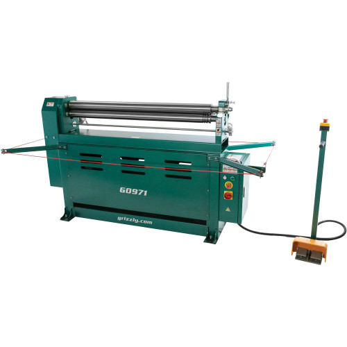 Grizzly Industrial 51" Electric Slip Roll in white background, Front view of Grizzly Industrial 51" Electric Slip Roll, Back view of Grizzly Industrial 51" Electric Slip Roll, Close up view of Grizzly Industrial 51" Electric Slip Roll, Foot Pedal of Grizzly Industrial 51" Electric Slip Roll