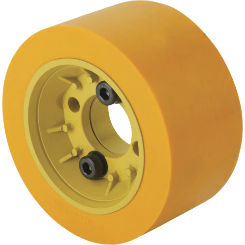 Close up view of Grizzly Industrial Flange with Polyurethane Roller, Detailed view of Grizzly Industrial Flange with Polyurethane Roller