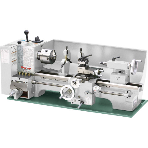 Grizzly Industrial 9" x 19" Bench Lathe in white background, Details of Grizzly Industrial 9" x 19" Bench Lathe, Close-up of Grizzly Industrial 9" x 19" Bench Lathe, Detailed view of Grizzly Industrial 9" x 19" Bench Lathe