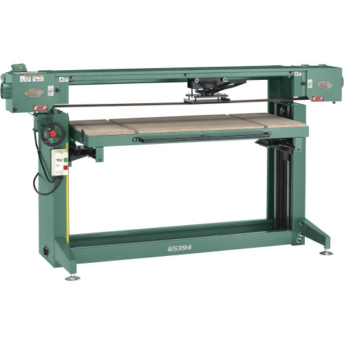 Front view of Grizzly Industrial 6" x 186" Stroke Sander, Features of Grizzly Industrial 6" x 186" Stroke Sander, Close up view of Grizzly Industrial 6" x 186" Stroke Sander, Sanding Belt of Grizzly Industrial 6" x 186" Stroke Sander, Grizzly Industrial 6" x 186" Stroke Sander in Use