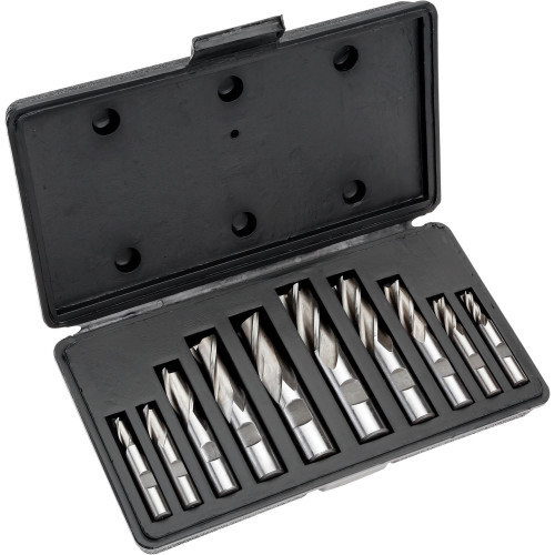 Grizzly Industrial HSS 2 and 4 Flute End Mills 10 pc. Set on the plastic case, Grizzly Industrial HSS 2 and 4 Flute End Mills 10 pc. Set in white background