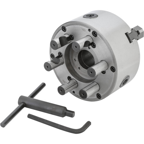 Grizzly Industrial 6" 3 Jaw Scroll Chuck D1-5 with adjusting tools, Grizzly Industrial 8" 3 Jaw Scroll Chuck D1-5 with adjusting tools, Grizzly Industrial 6" 3 Jaw Scroll Chuck D1-5 in white background, Grizzly Industrial 8" 3 Jaw Scroll Chuck D1-5 in white background