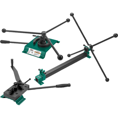 Grizzly Industrial Metal Bending Tool Set in white background, Twist Tool in white background, Scroll Tool in white background, Bender in white background