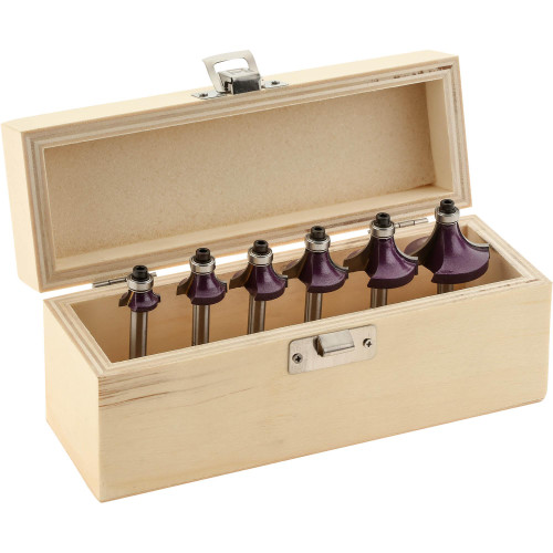 Grizzly Industrial Deluxe 6 Piece Roundover Bit Set 1/4" Shank in a wooden case, Grizzly Industrial Deluxe 6 Piece Roundover Bit Set 1/4" Shank in white background, Cut Sample of Grizzly Industrial Deluxe 6 Piece Roundover Bit Set 1/4" Shank