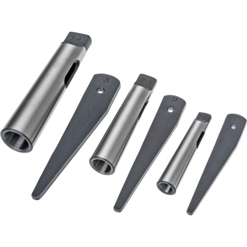 Grizzly Industrial 6 Piece Drill Sleeves and Drifts Set in white background, Detailed view of Grizzly Industrial 6 Piece Drill Sleeves and Drifts Set
