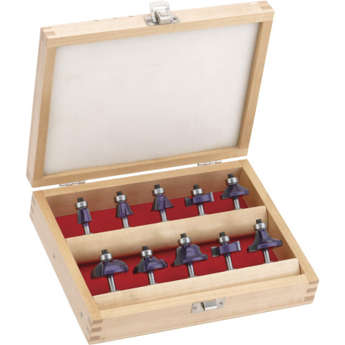 Grizzly Industrial 3 Flute Carbide Tipped 10 Pc. Set, Grizzly Industrial 3 Flute Carbide Tipped 10 Pc. Set in white background, Grizzly Industrial 3 Flute Carbide Tipped 10 Pc. Set inside its box, Close-up of Grizzly Industrial 3 Flute Carbide Tipped 1/4" Shank