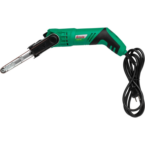 Grizzly Industrial Handheld Belt Sander in white background, Grizzly Industrial Handheld Belt Sander Sample Movement, Close-up of Grizzly Industrial Handheld Belt Sander, Grizzly Industrial Sander Belt, Close-up of Grizzly Industrial Sander Belt Attached