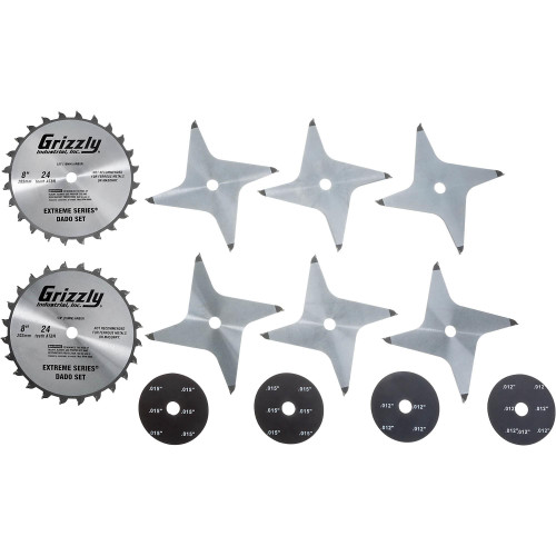 Detailed view of Grizzly Industrial Extreme Series 8" Dado Set, Front view of Grizzly Industrial Extreme Series 8" Dado Set, Side view of Grizzly Industrial Extreme Series 8" Dado Set