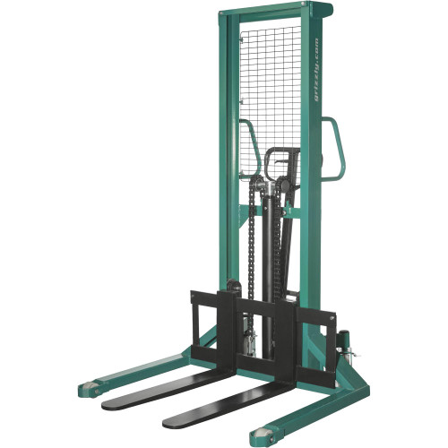 Left side view of Grizzly Industrial 2T Bear-Lift Pro Pallet Stacker, Right side view of Grizzly Industrial 2T Bear-Lift Pro Pallet Stacker, Grizzly Industrial 2T Bear-Lift Pro Pallet Stacker Hand Operation, Grizzly Industrial 2T Bear-Lift Pro Pallet Stacker Foot Operation, Grizzly Industrial 2T Bear-Lift Pro Pallet Stacker being used