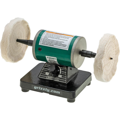Front view of Grizzly Industrial 1/4 HP Variable-Speed Mini Benchtop Polisher, Grizzly Industrial 1/4 HP Variable-Speed Mini Benchtop Polisher in white background, Grizzly Industrial 1/4 HP Variable-Speed Mini Benchtop Polisher in use