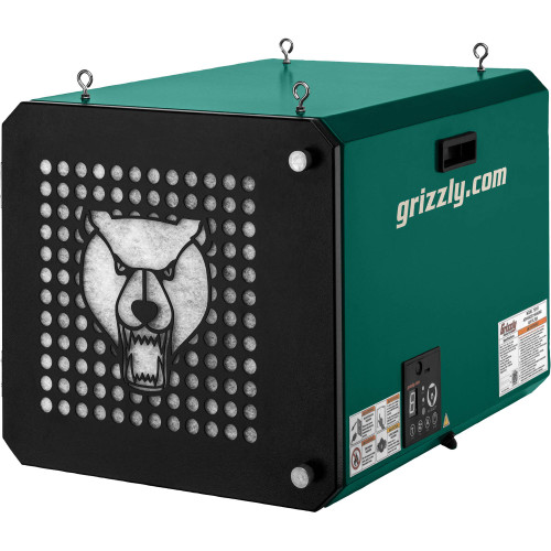 Front view of Grizzly Industrial 5-Speed HEPA Hanging Air Filter, Detailed view of Grizzly Industrial 5-Speed HEPA Hanging Air Filter, Feature of Grizzly Industrial 5-Speed HEPA Hanging Air Filter, Feature of Grizzly Industrial 5-Speed HEPA Hanging Air Filter, Close up view of Grizzly Industrial 5-Speed HEPA Hanging Air Filter