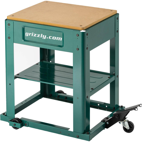 Front view of Grizzly Industrial Mobile Machine Stand, Right side view of Grizzly Industrial Mobile Machine Stand, Detailed view of Grizzly Industrial Mobile Machine Stand, Grizzly Industrial Mobile Machine Stand in Use, Close up view of Grizzly Industrial Mobile Machine Stand