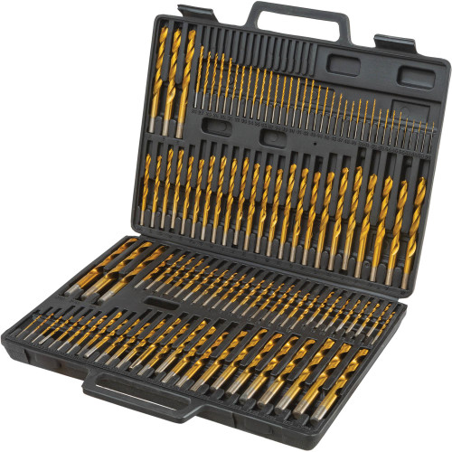 Grizzly Industrial HSS Titanium 135 Degree Drill Bit Set in White Background, Front view of Grizzly Industrial HSS Titanium 135 Degree Drill Bit Set, Plastic Case of Grizzly Industrial HSS Titanium 135 Degree Drill Bit Set