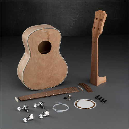 Parts of Grizzly Industrial Quilted Maple Ukulele Kit, Back view of Grizzly Industrial Quilted Maple Ukulele Kit, Front view of Grizzly Industrial Quilted Maple Ukulele Kit