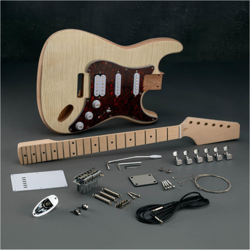 Parts of Grizzly Industrial Fiddleback Maple Electric Guitar Kit, Body of Grizzly Industrial Fiddleback Maple Electric Guitar Kit, Front view of Grizzly Industrial Fiddleback Maple Electric Guitar Kit