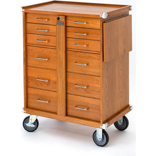 Front view of Grizzly Industrial 26" Series 9-Drawer Red Oak Roller Cabinet with Table, Detailed view of Grizzly Industrial 26" Series 9-Drawer Red Oak Roller Cabinet with Table, Grizzly Industrial 26" Series 9-Drawer Red Oak Roller Cabinet with Table in white background, Tools inside of Grizzly Industrial 26" Series 9-Drawer Red Oak Roller Cabinet with Table, Grizzly Industrial 26" Series 9-Drawer Red Oak Roller Cabinet with Table in use