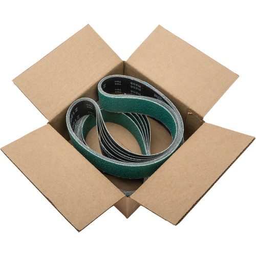 Grizzly Industrial 2" X 42" Zirconia Abrasive Belt Assorted Grits, 10 Pk. in a box, Grizzly Industrial 2" X 42" Zirconia Abrasive Belt Assorted Grits, 10 Pk. in white background, Detailed view of Grizzly Industrial 2" X 42" Zirconia Abrasive Belt Assorted Grits, 10 Pk., Close up view of Grizzly Industrial 2" X 42" Zirconia Abrasive Belt Assorted Grits, 10 Pk.