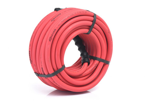 Red and black Avagard rubber air hose assembly, available in 1/4" x 25', 50', and 100' sizes, featuring gold-plated brass connectors for secure air transfer.
