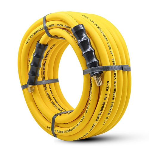 Avagard Hybrid Air Hose Assembly, featuring a yellow hose with black and gold fittings, available in 25', 50', and 100' lengths.