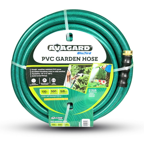 A collection of green Avagard PVC water hoses in 5/8" diameters, available in lengths of 15', 50', 75', and 100', featuring durable black and gold connectors and designed for gardening, irrigation, and industrial water applications.