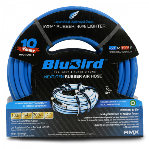 BluBird rubber air hose assembly, 1/4" available in 25', 50', and 100' lengths, engineered for durability, flexibility, and reliable air transfer.