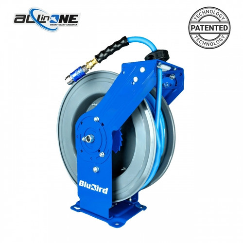 A blue BluBird Dual-Arm Air Hose Reel featuring a black handle, designed for efficient storage of 1/2" x 50' hoses.