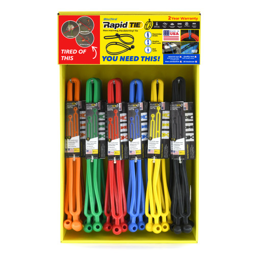 A collection of colorful rubber ties in a display case, featuring the Rapid Tie Wing Rack Displayer with 48 assorted pieces.