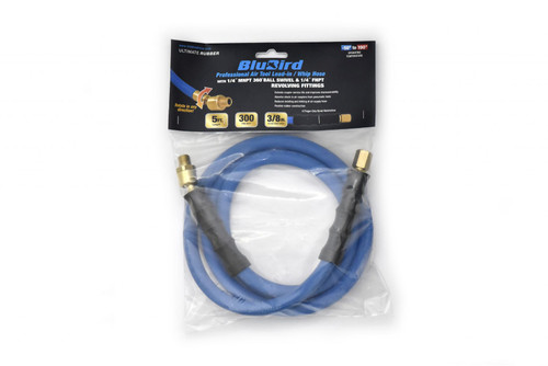 A blue rubber air hose with a gold-plated end, measuring 3/8" x 5', designed for durability and flexibility.