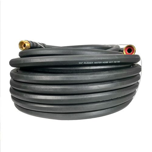 A black rubber water hose assembly available in 15', 25', 50', 75', and 100' lengths, with durable gold-plated fittings for reliable water flow.
