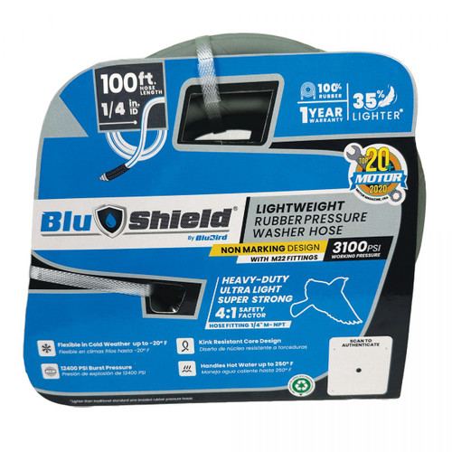 A green BluShield rubber pressure washer hose assembly with black and white handles, available in 25', 35', 50', and 100' lengths, featuring a non-marking design.