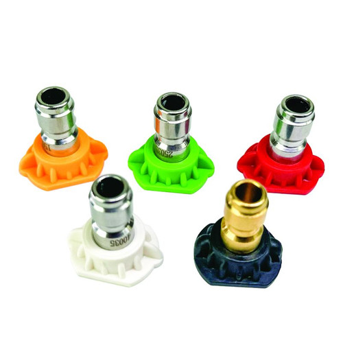 A collection of five hose fittings in different colors, featuring Blushield 4000 PSI Quick Connect Spray Tips for versatility.