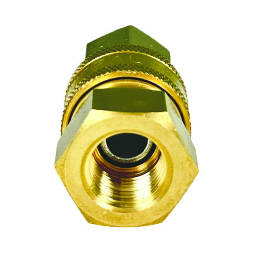 A brass threaded nut on a white background, featuring a 3/8" Quick Disconnect Plug and 3/8" Male Pipe Thread Adapter.