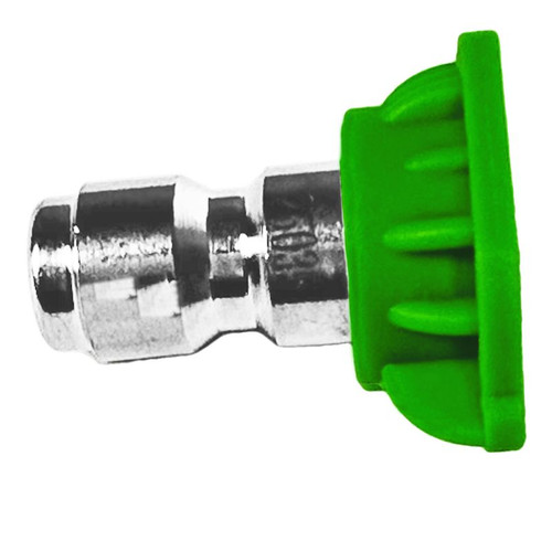 Green plastic and metal tip displayed together, highlighting the BluShield 3.5 Orifice 25° Quick Disconnect Spray Tip.