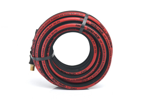 A durable Dino-Hide rubber air hose assembly, 3/8" diameter, available in lengths from 10' to 100', featuring striking red and black stripes, solid brass fittings, and exceptional resistance to wear and weather.