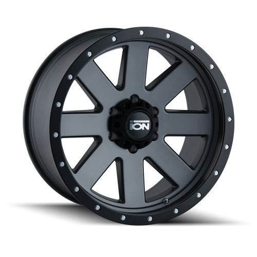 Front view of Ion Alloy 134 Matte Gunmetal Beadlock Wheel, Side view of Ion Alloy 134 Matte Gunmetal Beadlock Wheel, Detailed view of Ion Alloy 134 Matte Gunmetal Beadlock Wheel