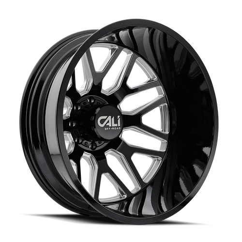 Front view of Cali Off-Road Invader Dually 9115D Gloss Black Milled Wheel, Side view of Cali Off-Road Invader Dually 9115D Gloss Black Milled Wheel, Cali Off-Road Invader Dually 9115D Gloss Black Milled Wheel in white background