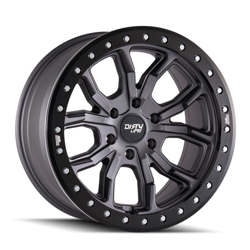 Front view of Dirty Life DT-1 9303 Satin Gunmetal Wheel, Side view of Dirty Life DT-1 9303 Satin Gunmetal Wheel, Dirty Life DT-1 9303 Satin Gunmetal Wheel in white background