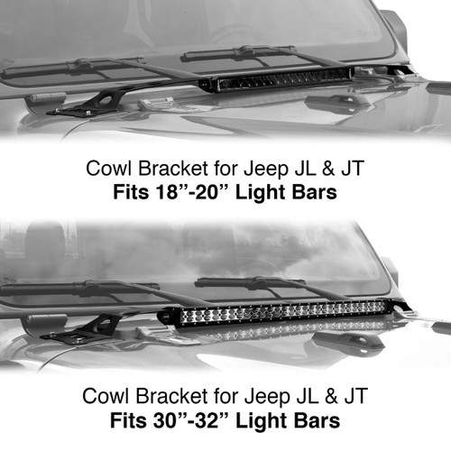 Detailed view of XKGLOW Cowl Light Bar Bracket for Jeep Gladiator JT & Wrangler JL, XKGLOW Cowl Light Bar Bracket for Jeep Gladiator JT & Wrangler JL for 30-32in Lightbars, XKGLOW Cowl Light Bar Bracket for Jeep Gladiator JT & Wrangler JL for 18-20in Lightbars, Detailed view of XKGLOW Cowl Light Bar Bracket for Jeep Gladiator JT & Wrangler JL for 18-20in Lightbars, Detailed view of XKGLOW Cowl Light Bar Bracket for Jeep Gladiator JT & Wrangler JL for 30-32in Lightbars, Close up view of XKGLOW Cowl Light Bar Bracket for Jeep Gladiator JT & Wrangler JL