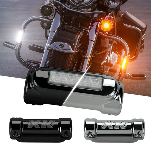 Variations of XKGLOW Motorcycle LED Highway Bar Lights White DRL and Amber Turn, XKGLOW Motorcycle LED Highway Bar Lights White DRL and Amber Turn Black Color, XKGLOW Motorcycle LED Highway Bar Lights White DRL and Amber Turn Chrome Color, Close up view of XKGLOW Motorcycle LED Highway Bar Lights White DRL and Amber Turn, Detailed view of XKGLOW Motorcycle LED Highway Bar Lights White DRL and Amber Turn