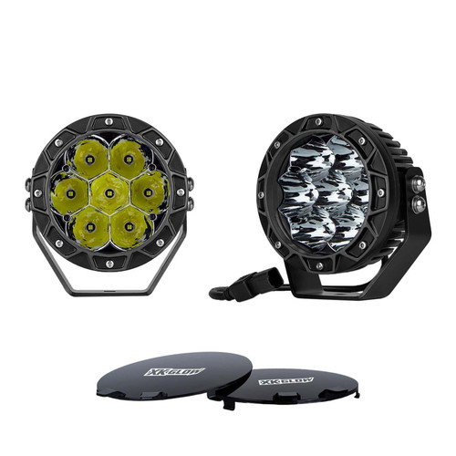 Front view of XKGLOW 1pc 5in Spot Beam Cube Offroad Round Work Light Kit, Dimensions of XKGLOW 1pc 5in Spot Beam Cube Offroad Round Work Light Kit, Features of XKGLOW 1pc 5in Spot Beam Cube Offroad Round Work Light Kit